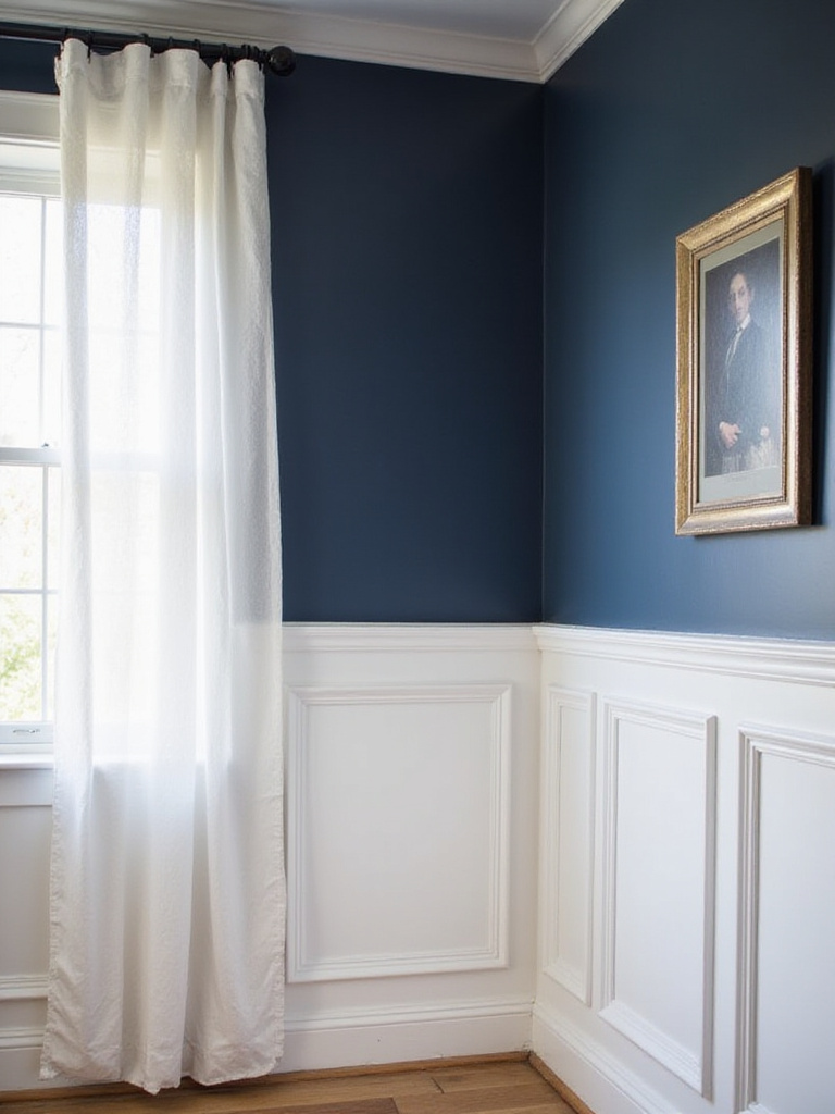 Elegant dining room with classic wainscoting and navy walls