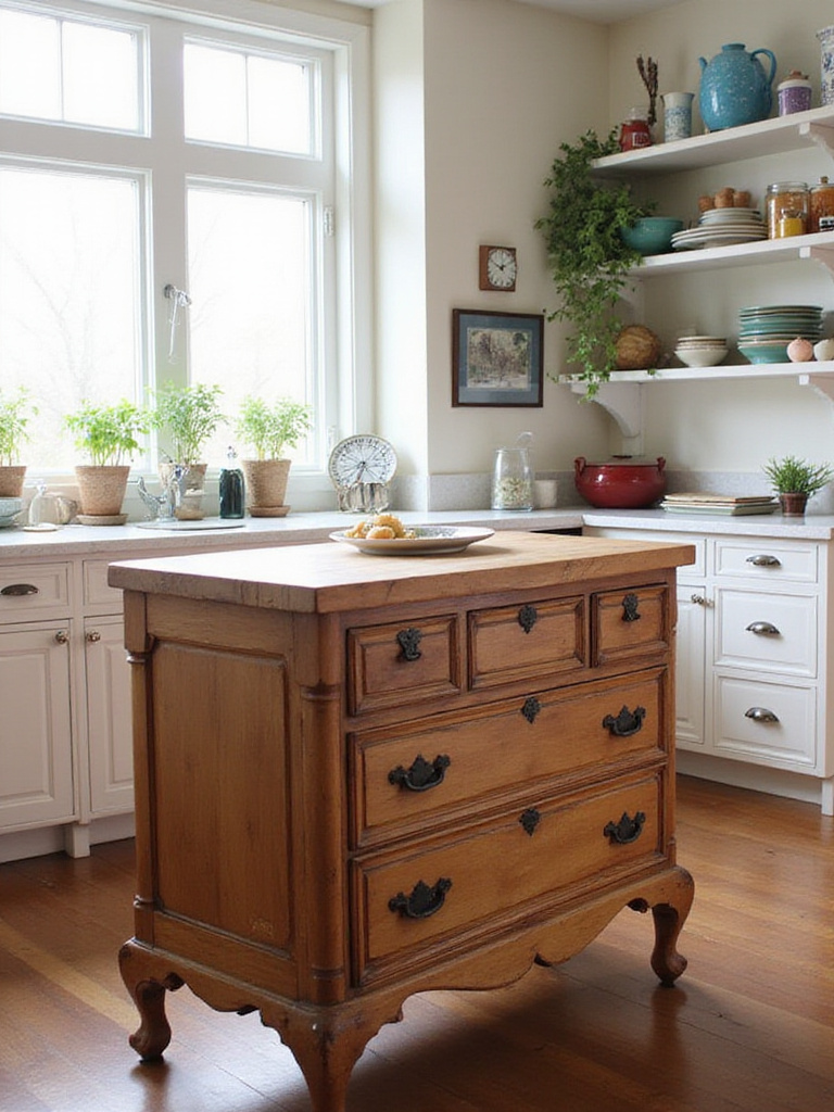 A vintage dresser serving as a kitchen island in a bright and eclectic kitchen setting.