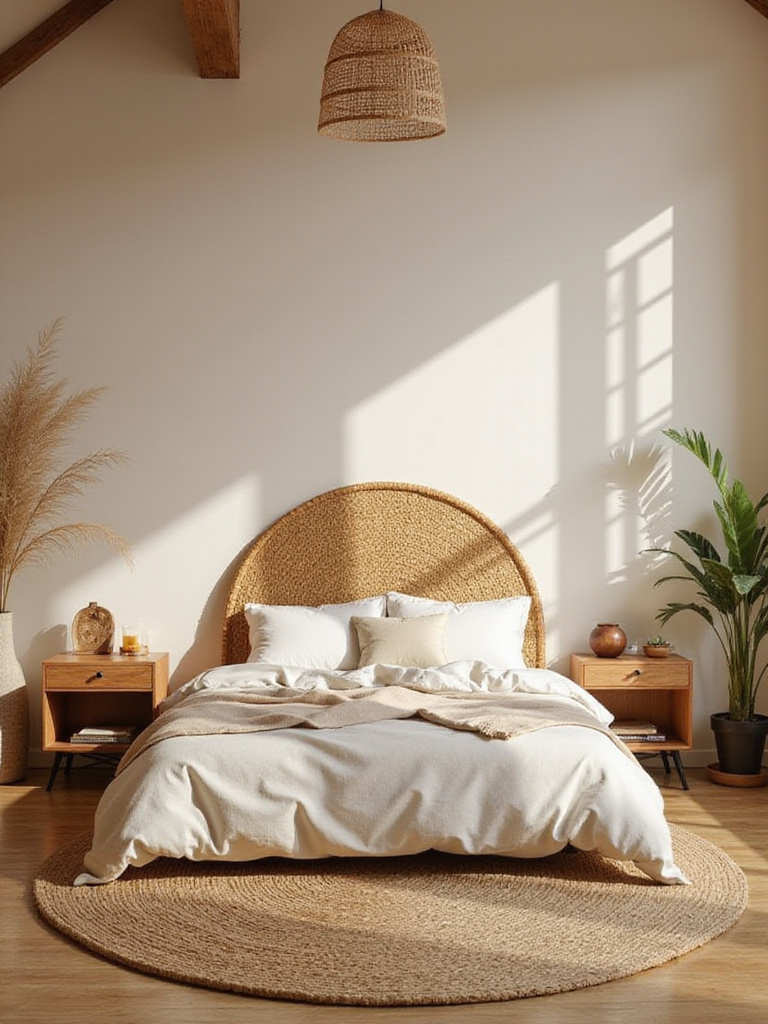 Cozy boho bedroom with natural elements like rattan headboard, jute rug, and wooden decor.