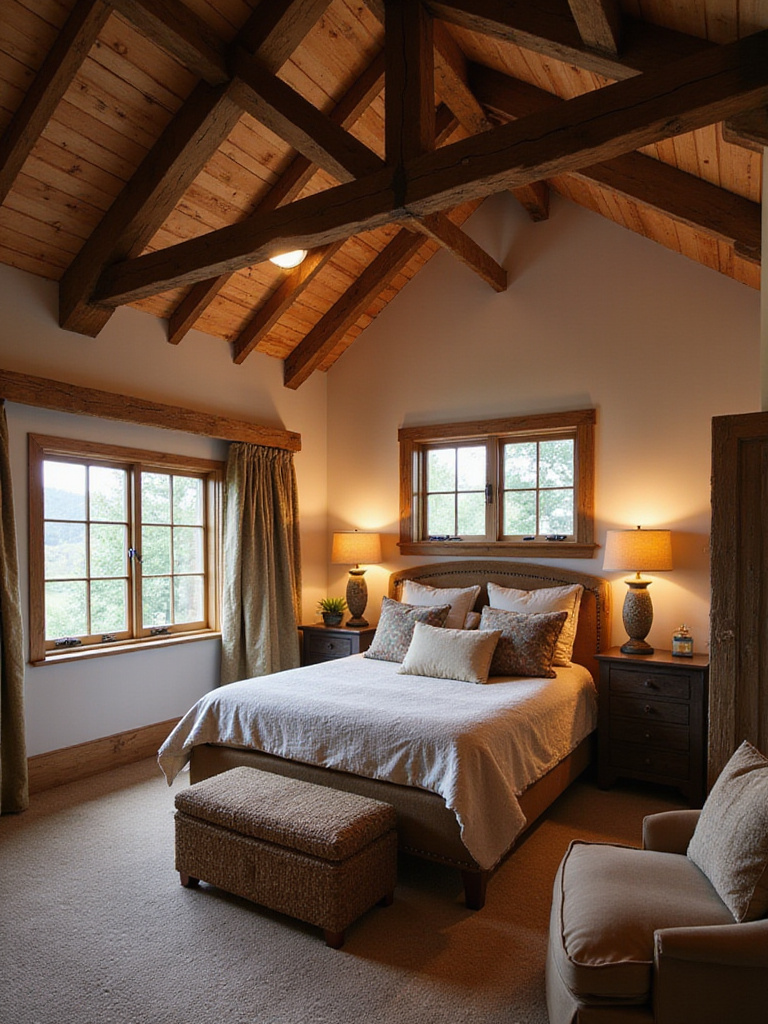 Rustic bedroom with exposed beams on the ceiling, showcasing warm lighting and cozy decor.