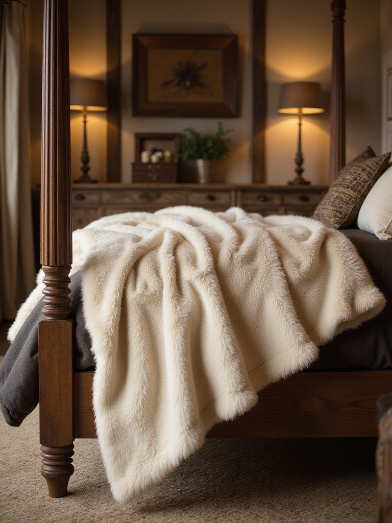 Rustic bedroom featuring a faux fur throw on a four-poster bed, creating a cozy atmosphere.