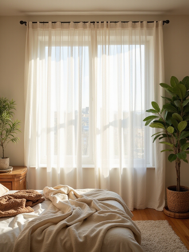 Boho bedroom featuring light, flowy curtains with natural light diffusion