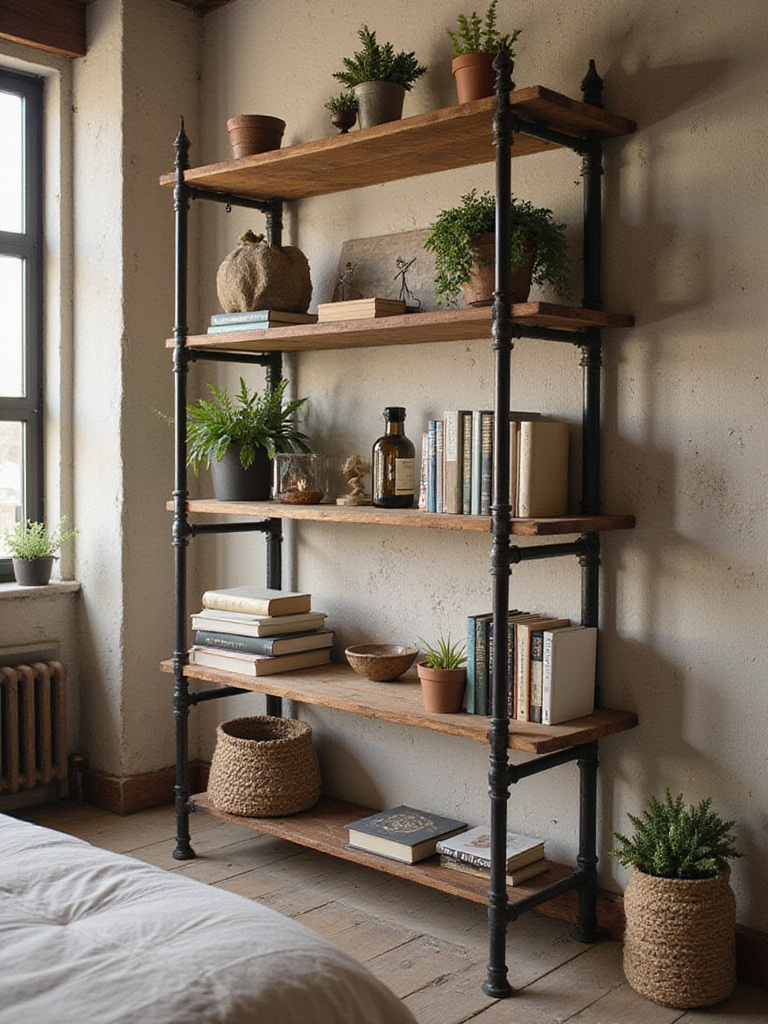 Industrial pipe shelving in a rustic bedroom with wood and metal accents.