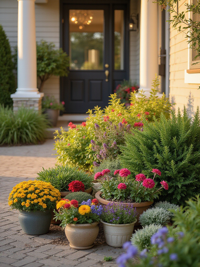Vibrant container garden showcasing colorful plants near a front entrance.