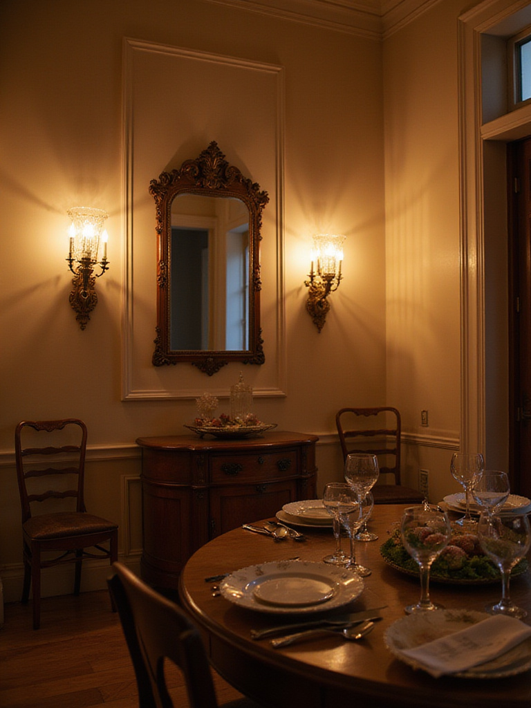 Elegant wall sconces illuminating a traditional dining room.