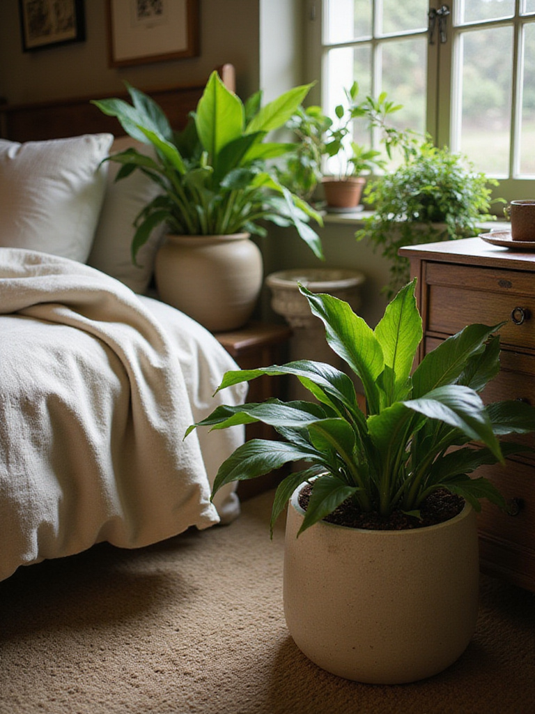 Rustic bedroom with ceramic and stone planters filled with greenery