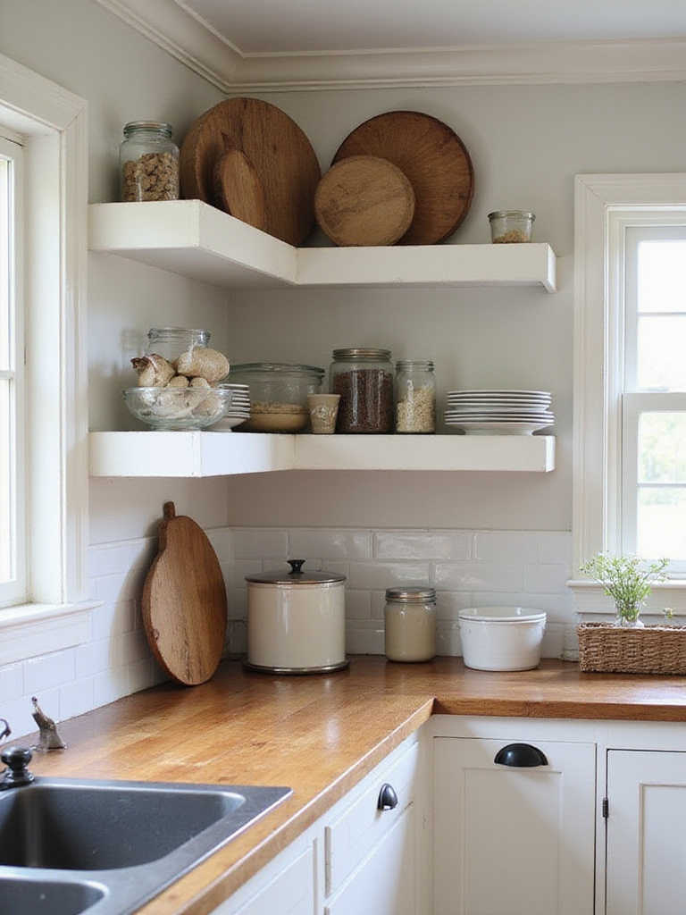 Farmhouse kitchen with open shelving displaying rustic wares