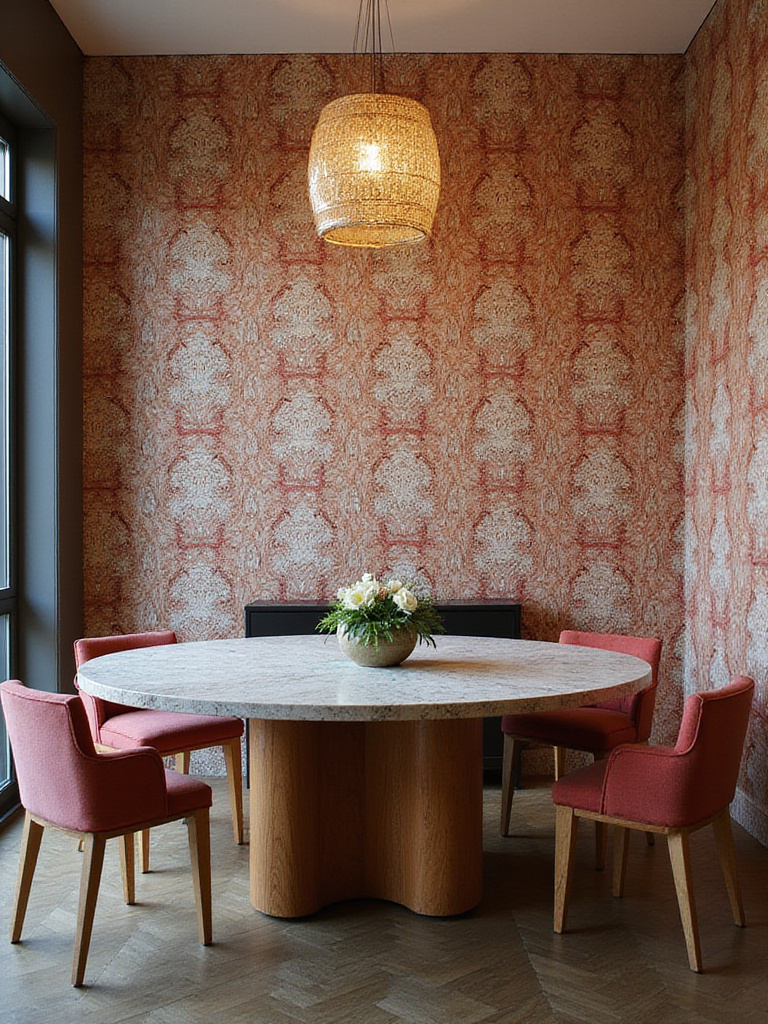 Luxurious dining room with designer wallpaper featuring intricate patterns and textures.