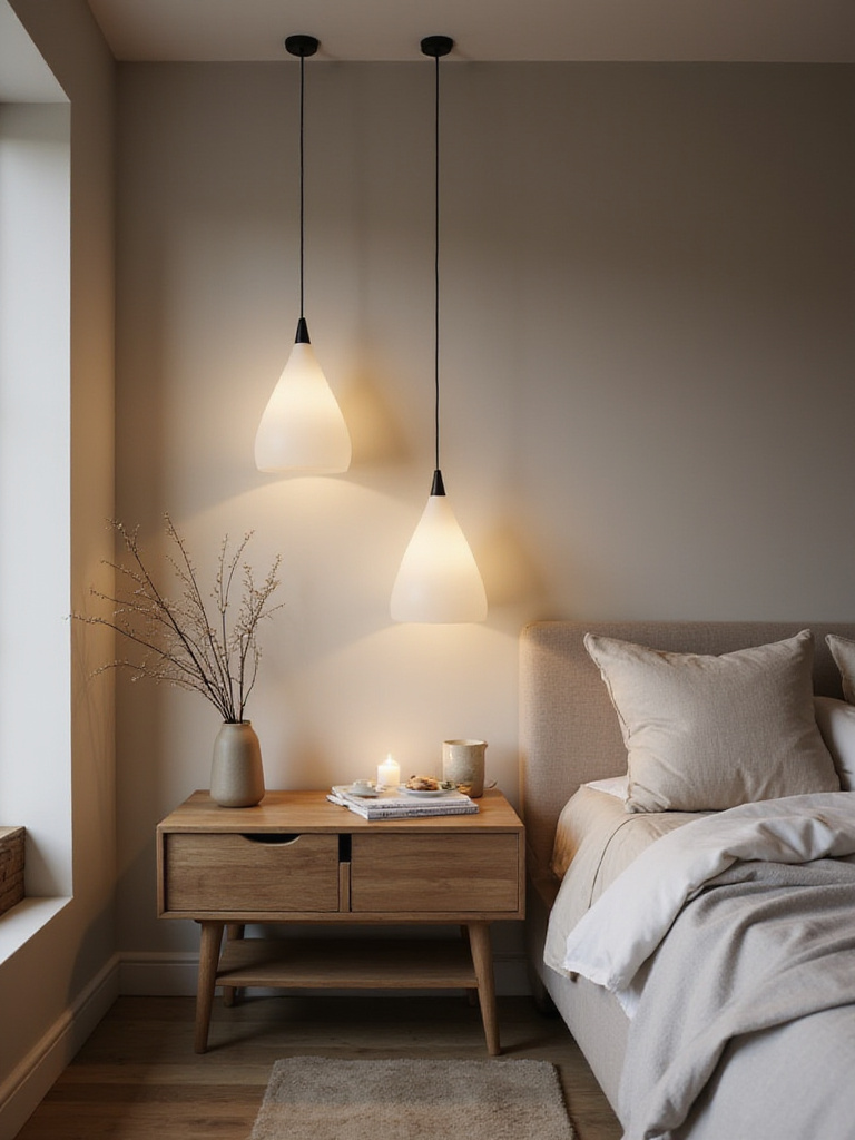Elegant modern bedroom with minimalist pendant lights above the nightstand