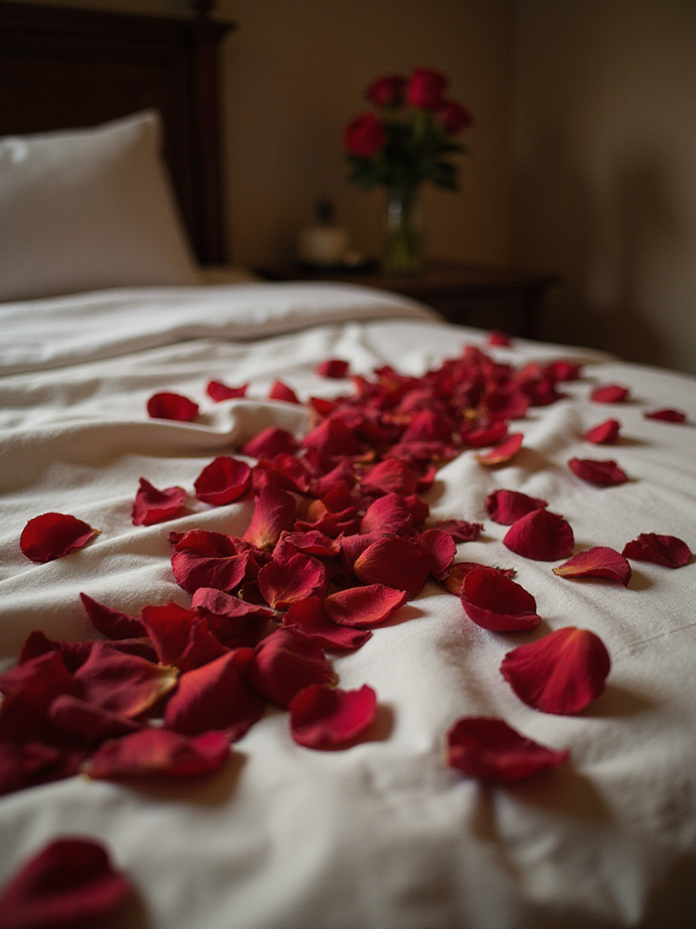 Romantic bedroom scene with scattered rose petals on a bed.