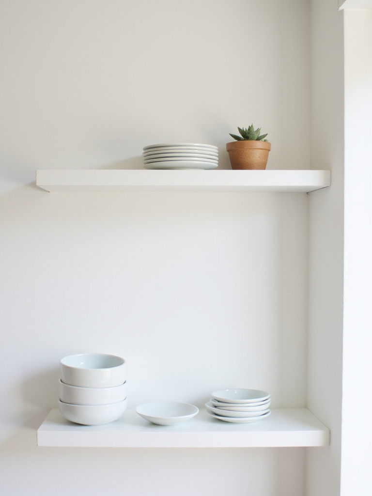 Minimalist kitchen with curated open shelving displaying white ceramic bowls and a succulent plant.