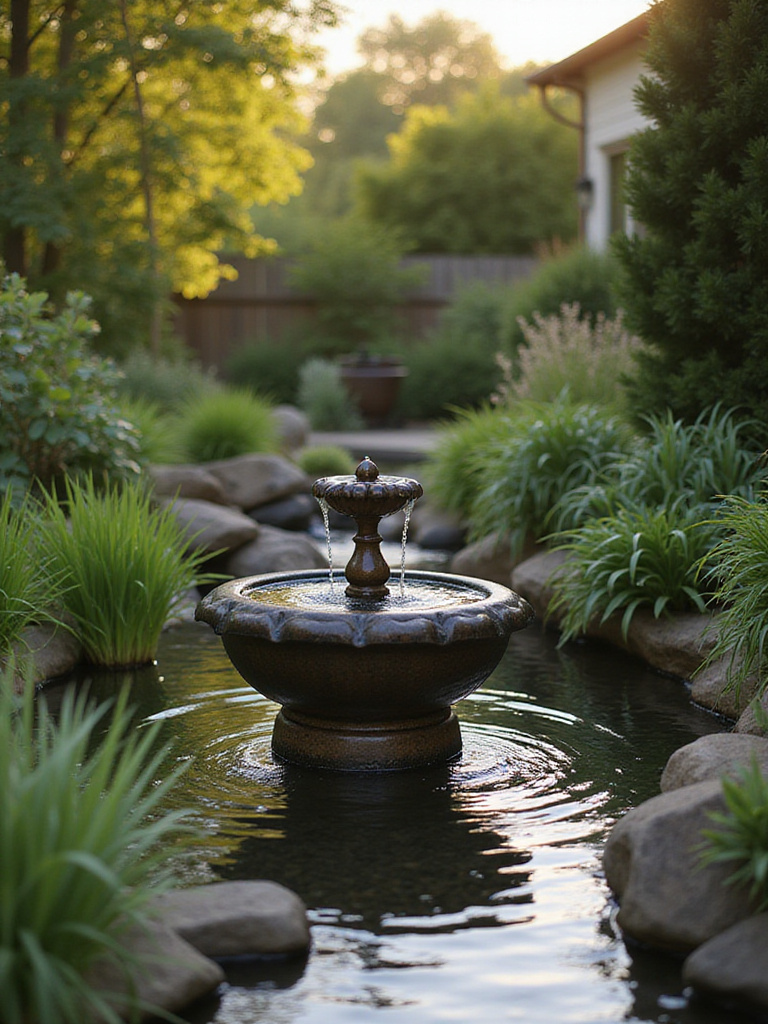 A serene front yard with a small calming water feature surrounded by lush greenery.