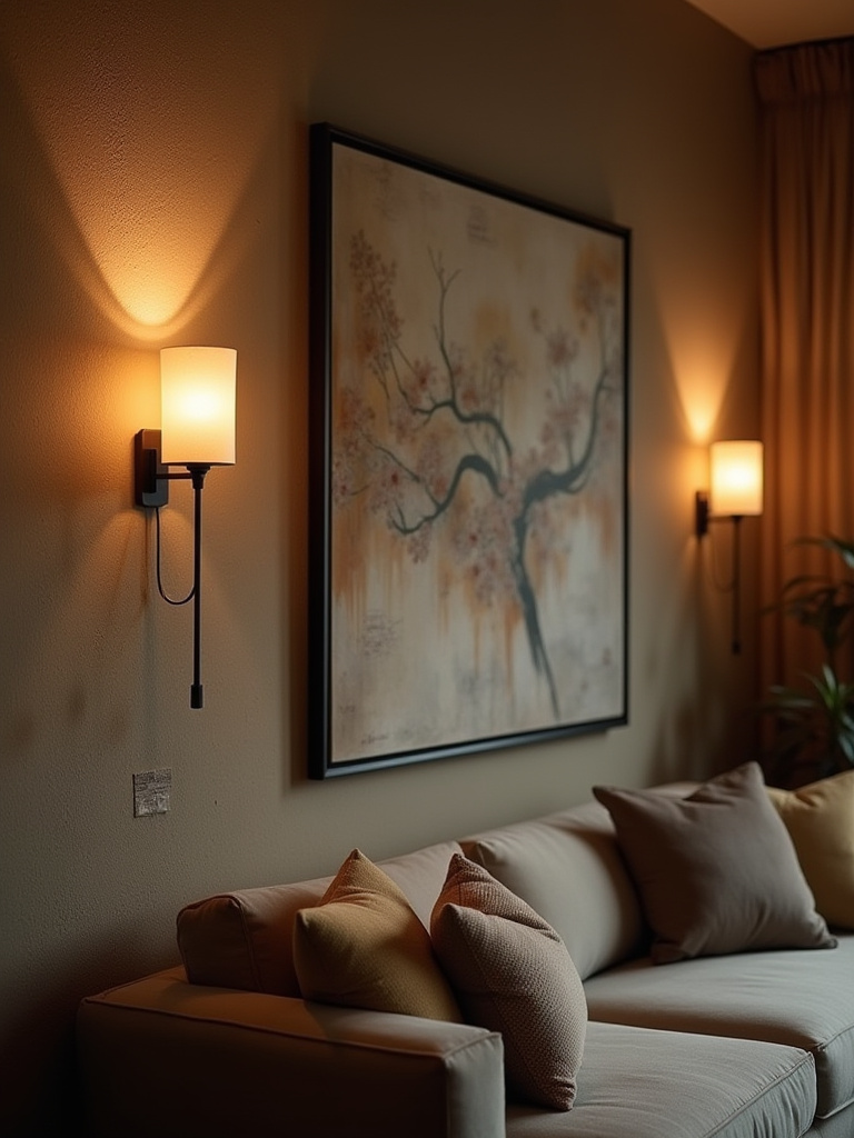 Cozy living room with wall sconces illuminating artwork