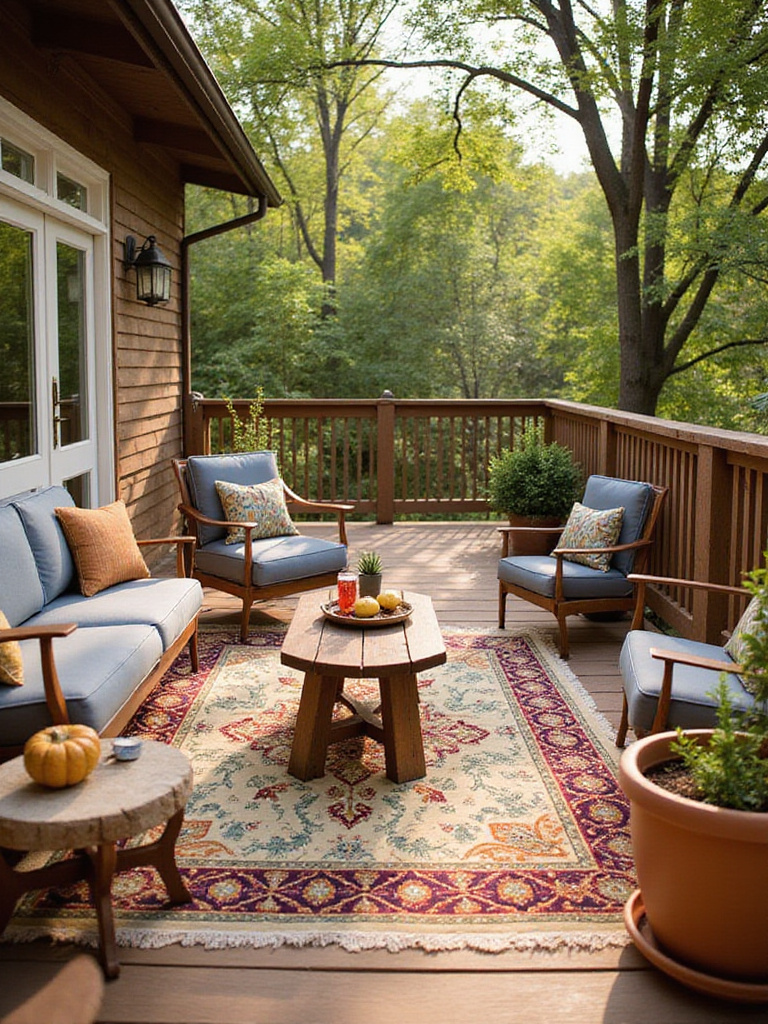 A cozy outdoor deck featuring a vibrant budget-friendly rug, highlighting its impact on the space.