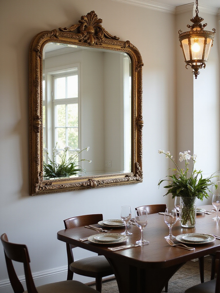 Elegant dining room with large mirror reflecting light