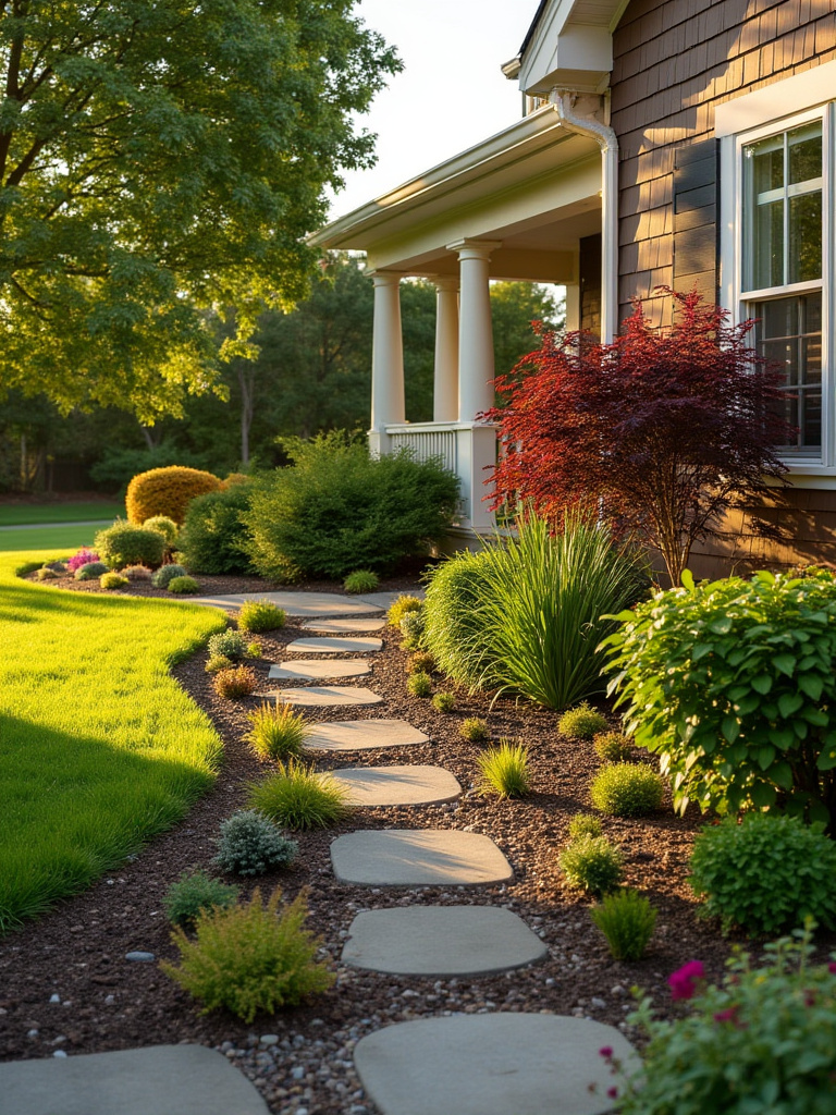Professional photo of a front yard featuring thoughtful foundation plantings, enhancing curb appeal.