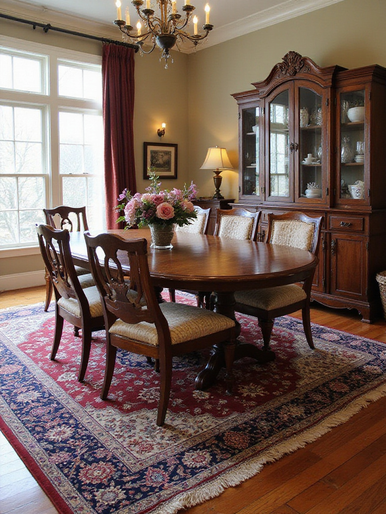 Luxurious area rug in a traditional dining room setting