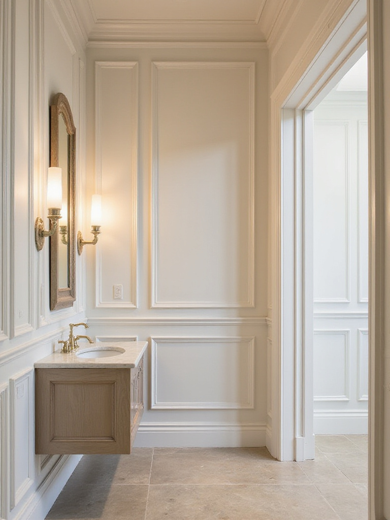 Elegant architectural millwork paneling in a luxurious powder room
