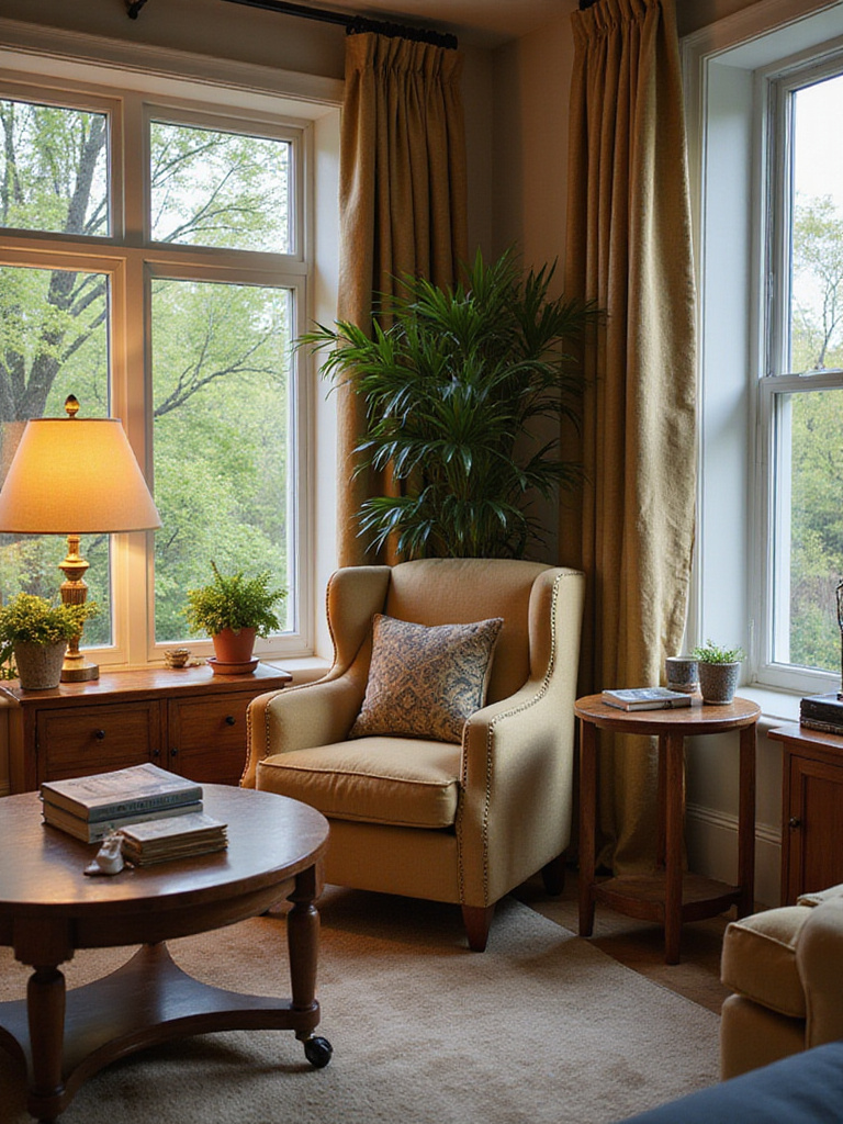 Cozy living room with reading nook and warm lighting