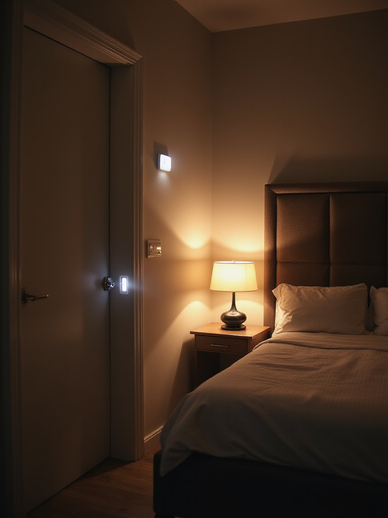 Modern bedroom with motion sensor lights and ambient lighting