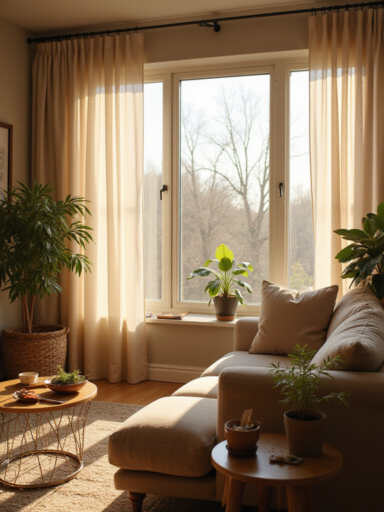 A cozy living room showcasing the harmony between natural and artificial lighting.