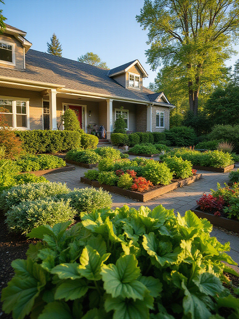 Vibrant front yard edible garden with herbs and vegetables in raised beds