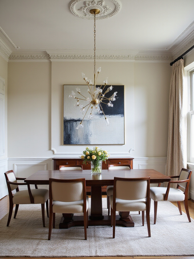 A modern traditional dining room with a mahogany table and contemporary chairs, enhanced by abstract art and minimalist lighting.