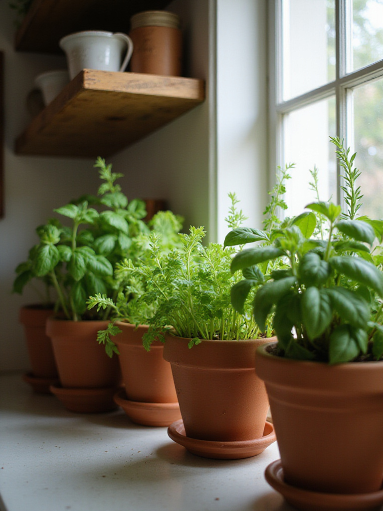 Farmhouse kitchen with fresh greenery and herbs in terracotta pots on a windowsill
