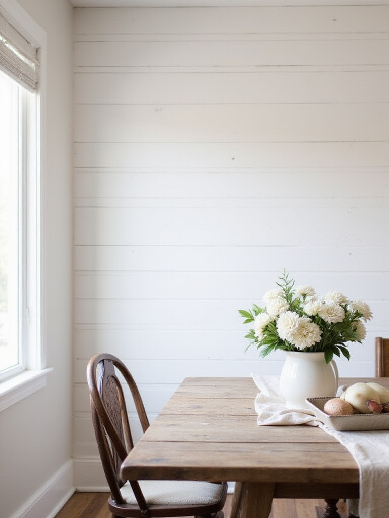 Dining room with shiplap boards creating a cozy atmosphere