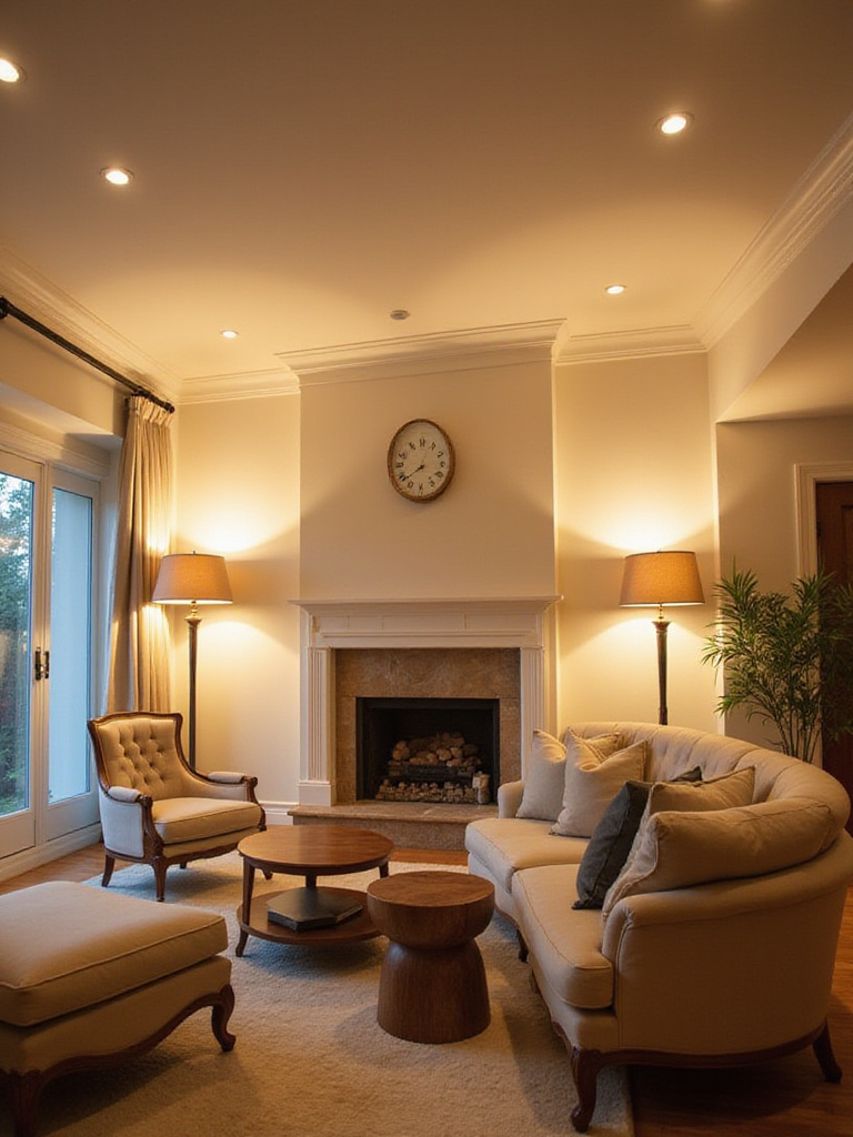 A cozy and well-lit living room showcasing ambient lighting elements.