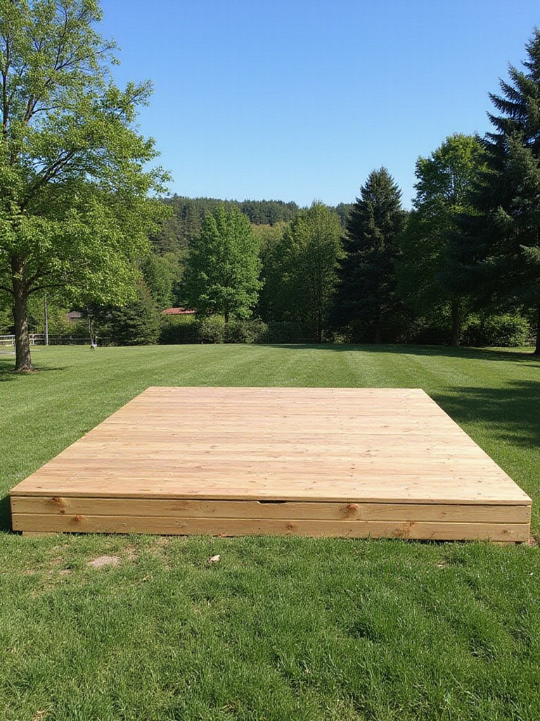 A professional photo of a ground-level deck in an outdoor setting.