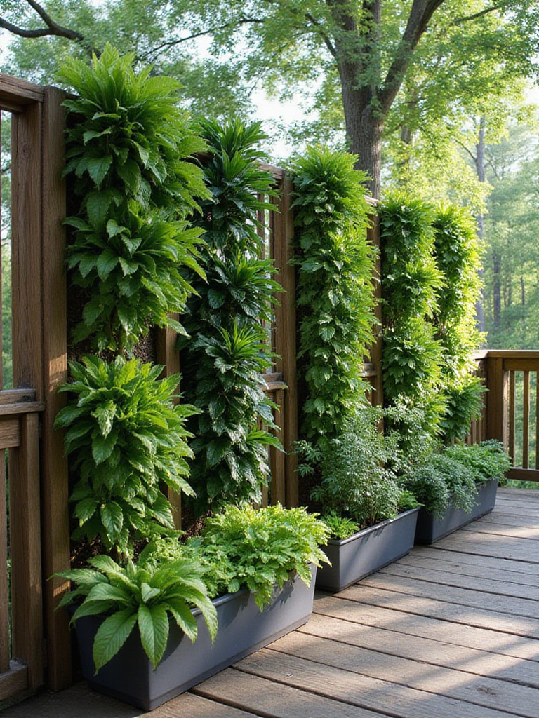 Vertical planter wall on a deck with lush greenery