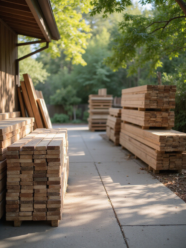 Outdoor storage area showcasing discounted building materials with natural lighting.