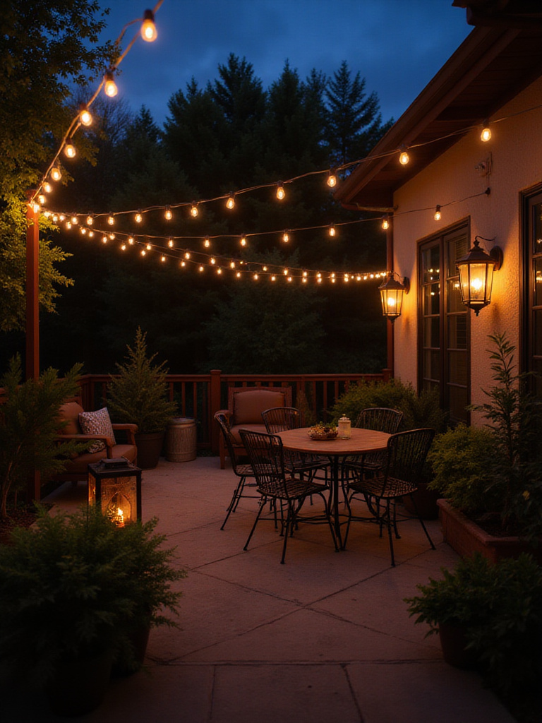 Cozy outdoor patio with string lights and lanterns, showcasing a warm ambiance.