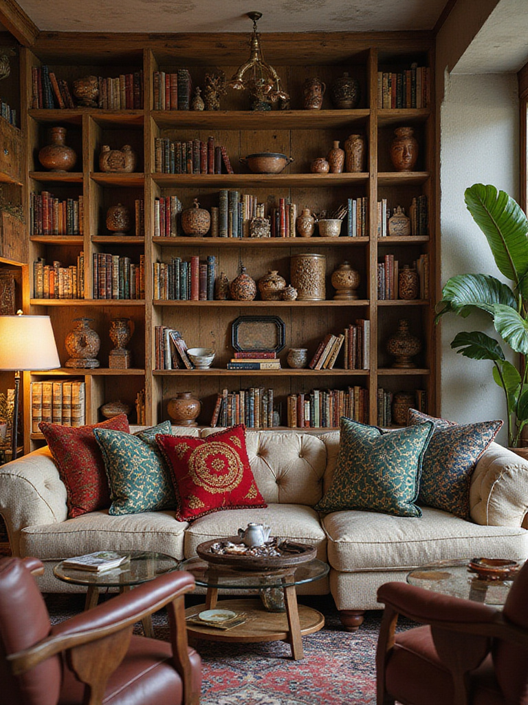 A bohemian living room showcasing a collection of travel souvenirs and mementos on a reclaimed wood bookshelf.