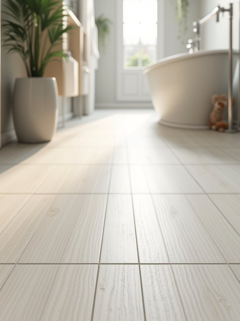 A modern bathroom floor featuring easy-care ceramic tiles, showcasing a stylish and durable design.