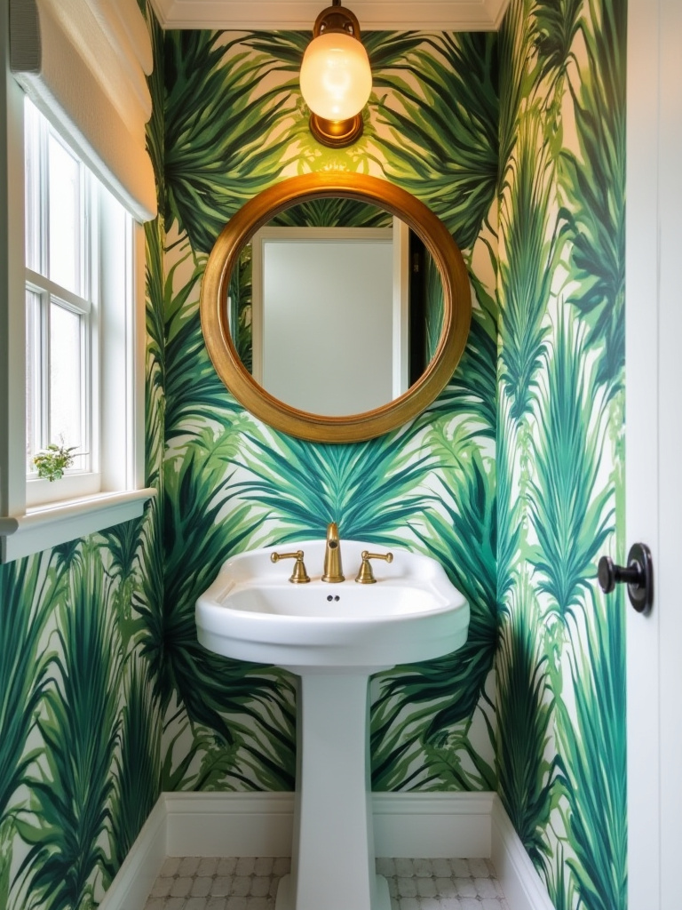 A vibrant tropical leaf print wallpaper in a stylish powder room with a white pedestal sink.