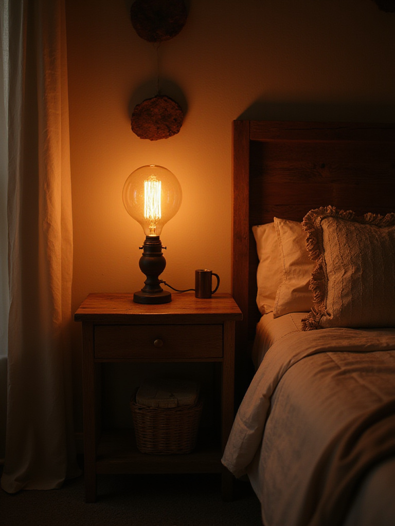 Cozy rustic bedroom illuminated by Edison bulbs, showcasing warm amber glow and inviting ambiance.