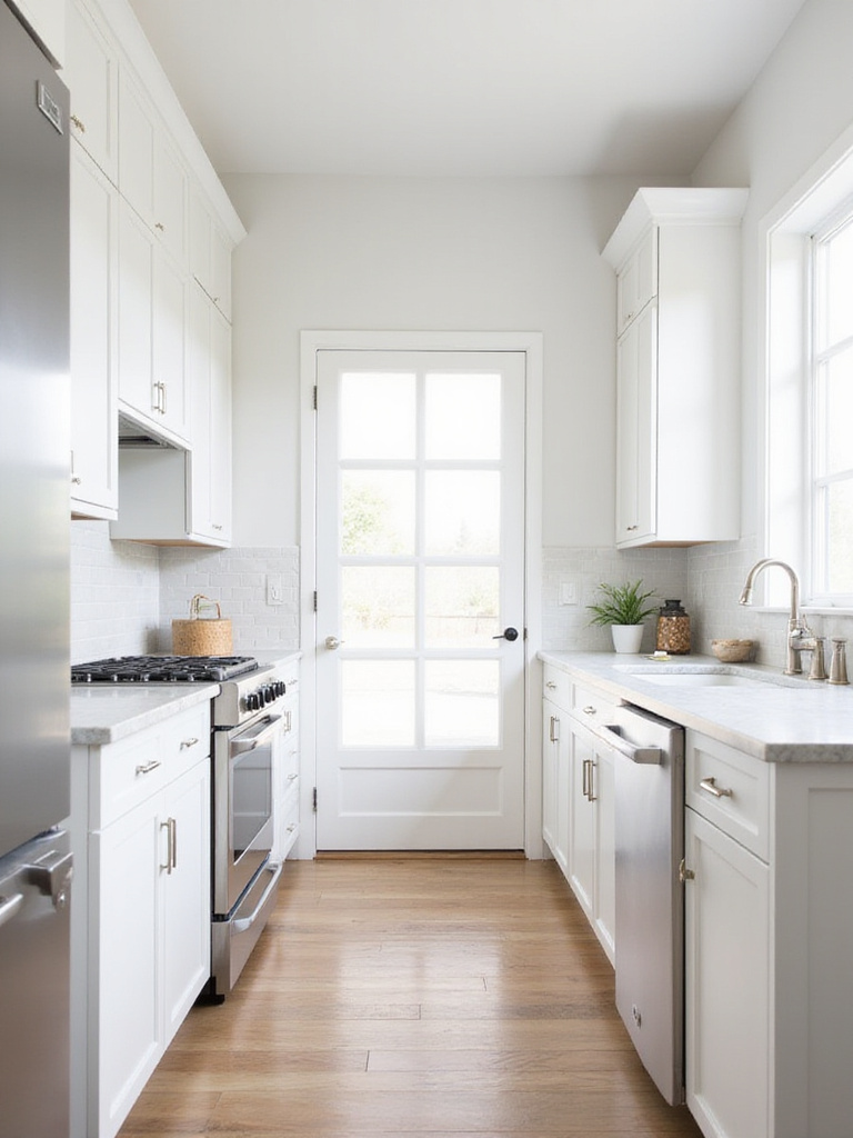 Minimalistic kitchen with timeless design elements featuring Shaker cabinets and marble countertop.