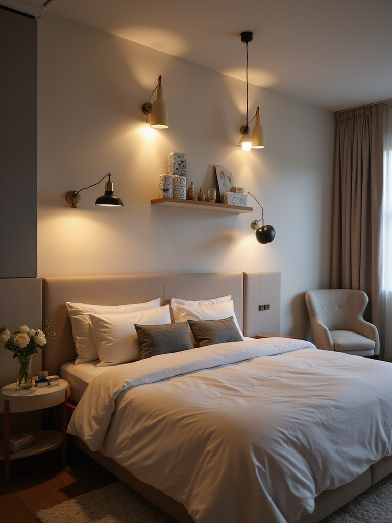 Modern bedroom with energy-efficient LED fixtures providing warm lighting