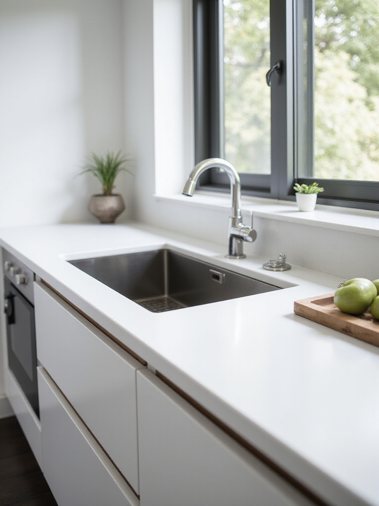 Modern kitchen with under-mount sink and quartz countertop showcasing seamless surface transitions
