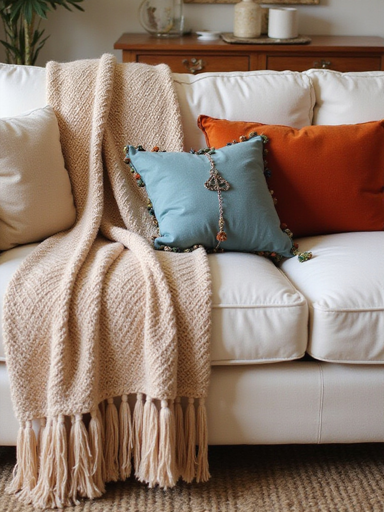 A cozy bohemian living room with fringe and tassel details on pillows and throws.