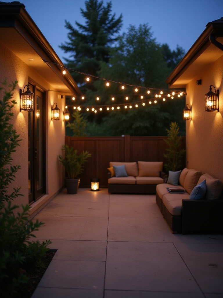 Elegant outdoor patio showcasing diverse patio light styles at dusk