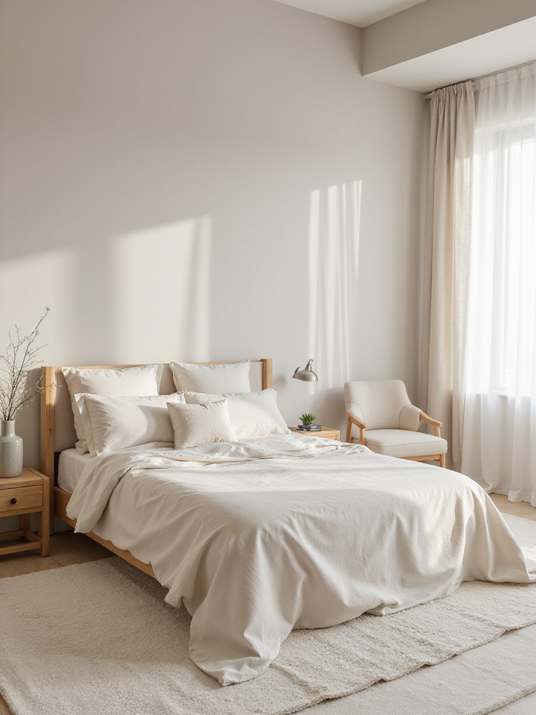 Minimalist bedroom with neutral color palette promoting serene ambiance