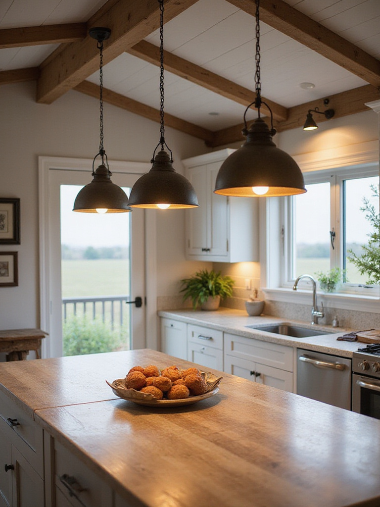 Farmhouse kitchen with barn-style pendant lights above an island