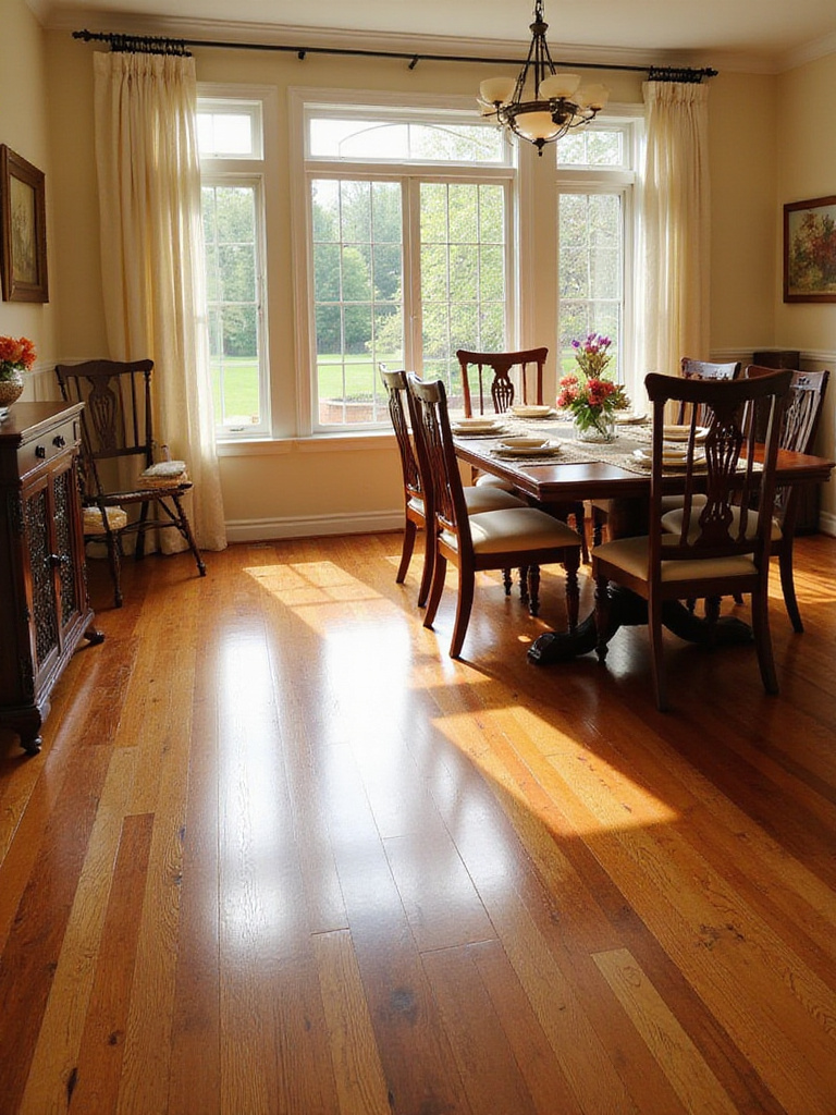 Traditional dining room with solid hardwood flooring and elegant decor