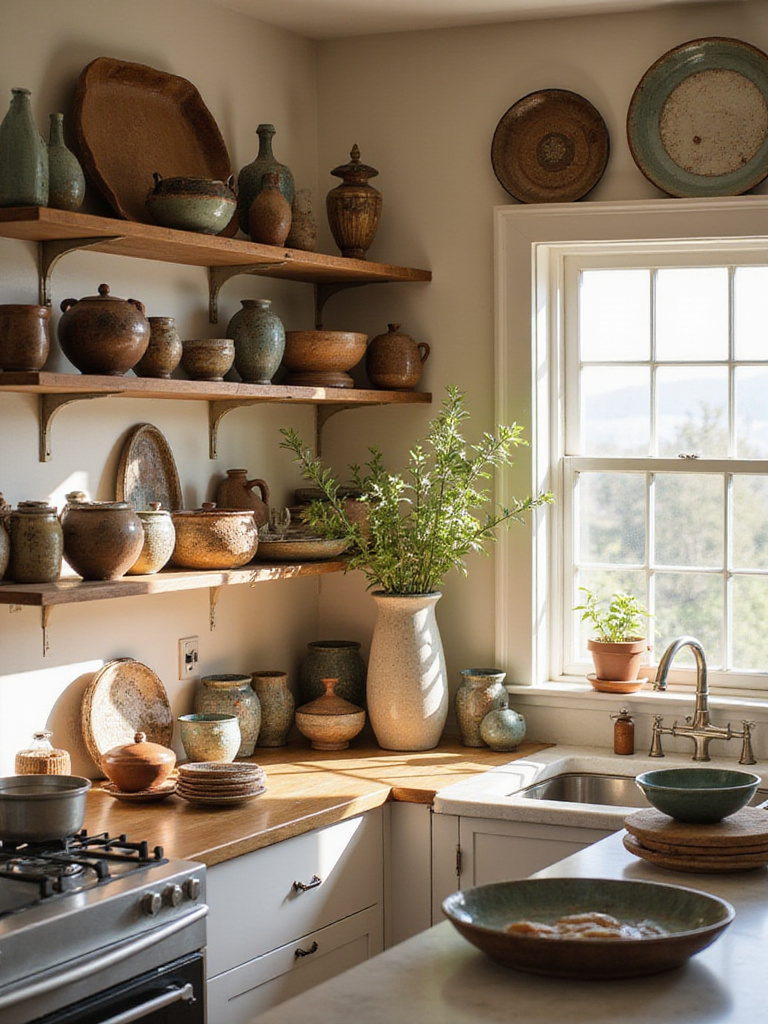 Eclectic kitchen with handcrafted pottery and ceramic accents on open shelves.