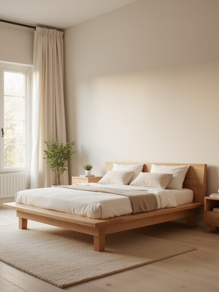 A serene minimalist bedroom featuring a low-profile platform bed with natural wood finish and warm lighting.