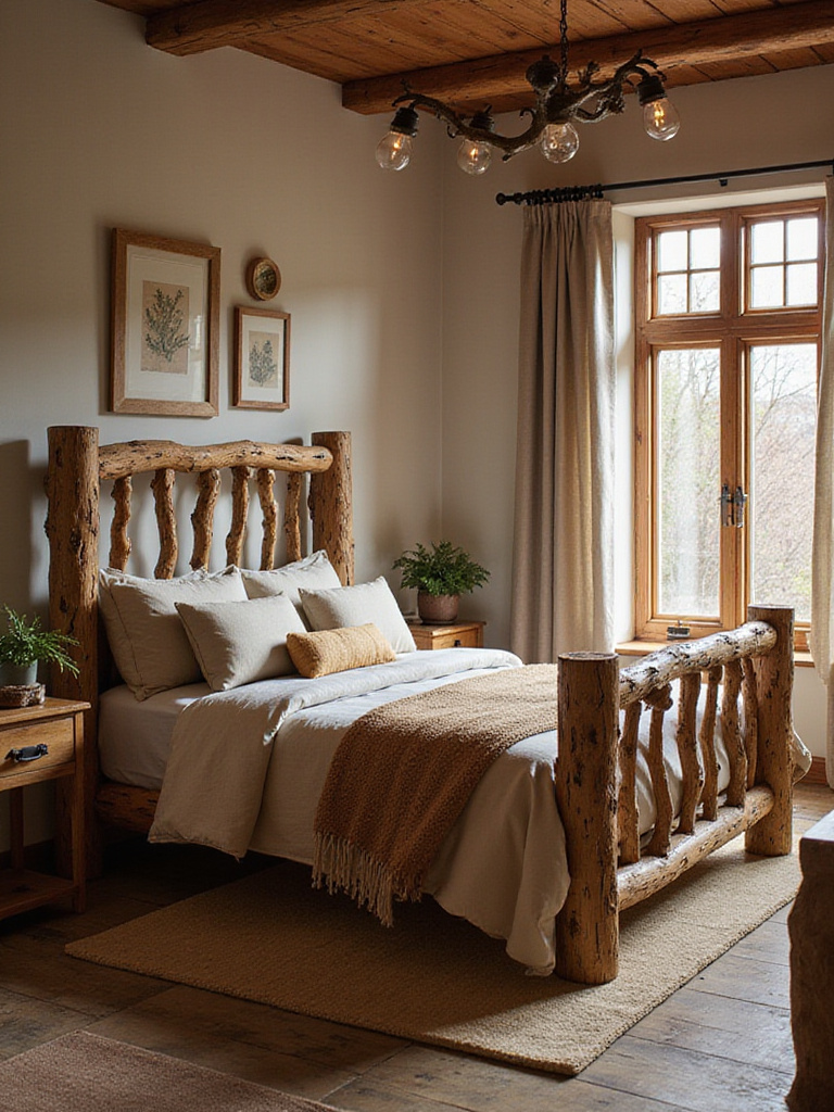 Rustic bedroom featuring a sturdy log bed frame as a focal point
