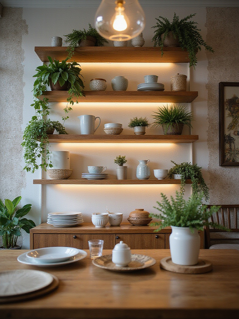 Elegant wall shelving in a dining room filled with dishware and decorative items